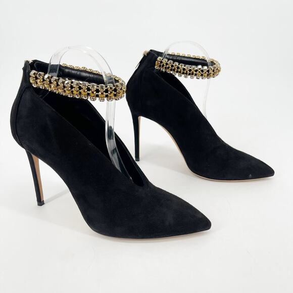 Jimmy Choo Lux 100 Black Suede Gold Crystal Ankle Strap Vamp Booties size IT 40 - Picture 1 of 11